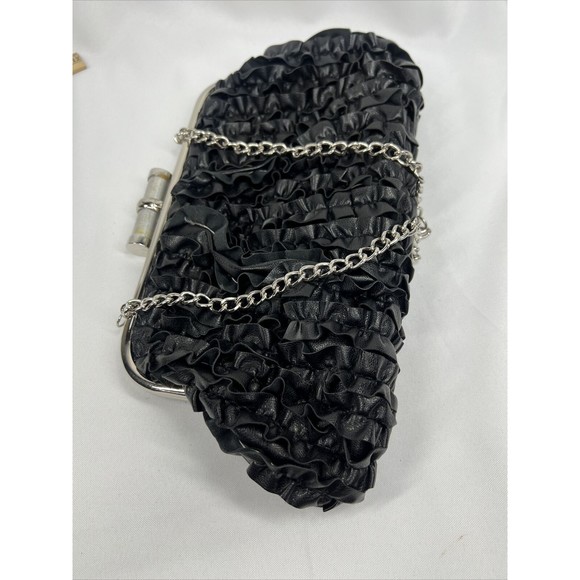 Ruffle Black￼ Purse Shoulder Bag Strap Silver Chain Ruffle Accent - Picture 8 of 8